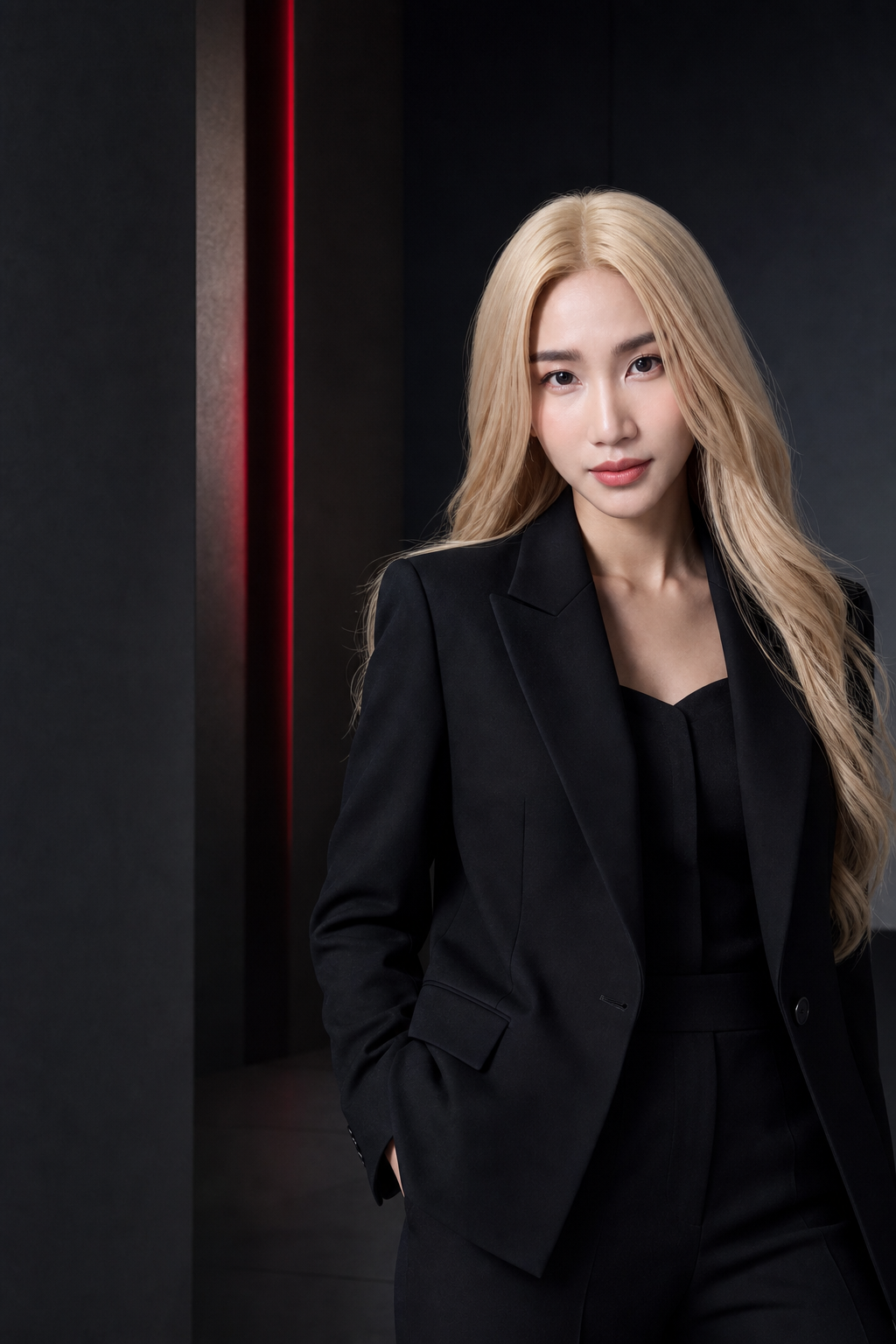 Mivelle Beauty entrepreneur in a black tailored suit against a charcoal and crimson editorial backdrop