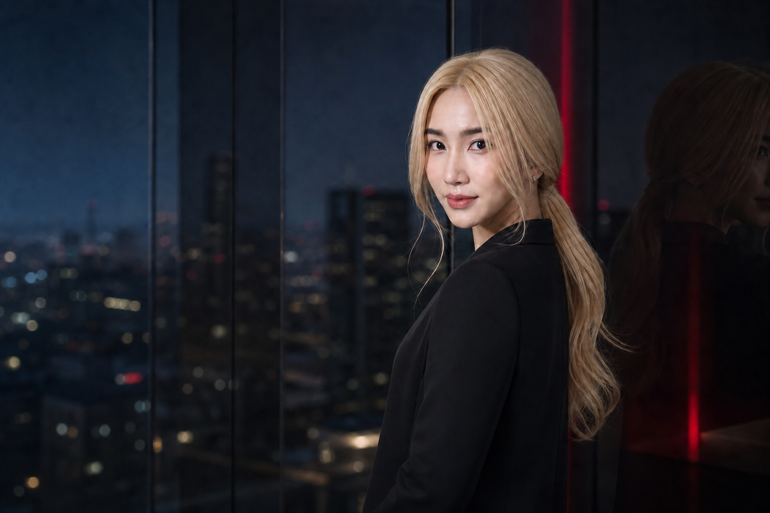 Mivelle Beauty entrepreneur in a black tailored long-sleeve look overlooking the city at blue hour